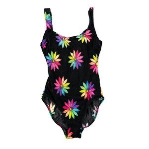 Vintage 90's Robby Len Swimsuit One Piece Women's Size Large Florescent Flowers